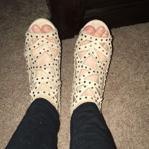 Nude gladiator heels with auburn diamonds